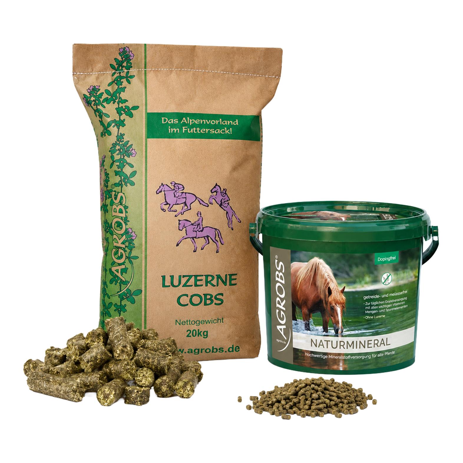 Agrobs Protein-Kick & Mineralien-Ausgleich / Luzernecobs (20 kg) + Naturmineral (3 kg)